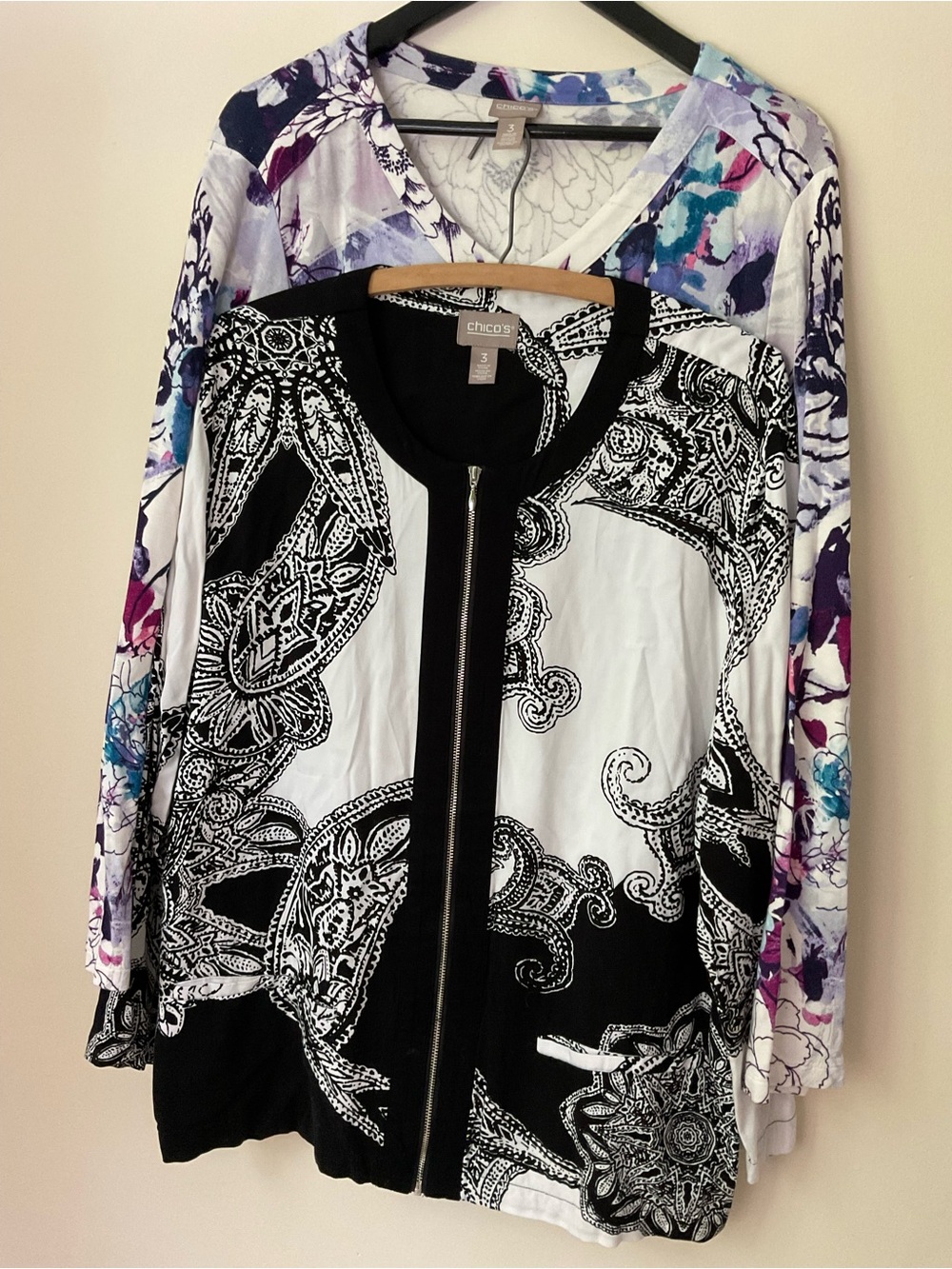 Chico's bundle 2 tops floral Black White Zip Front Jacket 22/23” by 26” colorful
